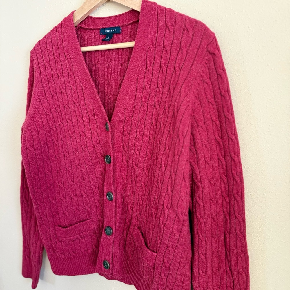 Lands’ End Cable Knit Cardigan Sweater Pink Cotton Button Front - Picture 5 of 8